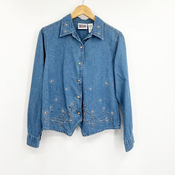 90s Vintage Bill Blass Embroidered Denim Shacket Cottagecore Button Down Medium - Picture 1 of 6